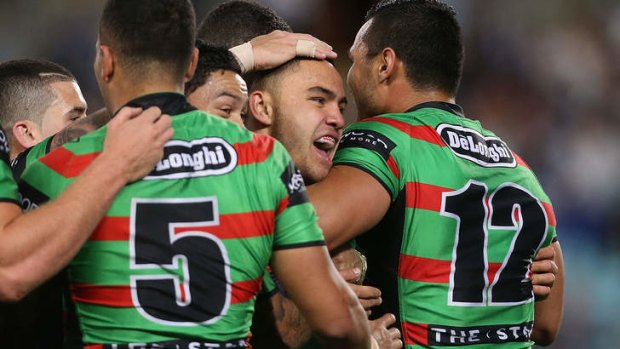 Dylan Walker celebrates after scoring a try for the Rabbitohs during their during their 28-20 win over the Bulldogs.