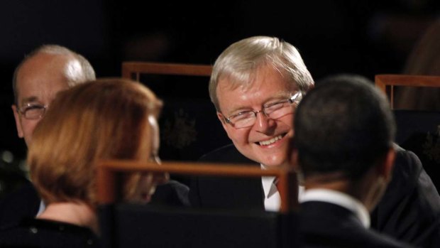 Kevin Rudd joins President Barack Obama and Australian Prime Minister Julia Gillard at a dinner at Parliament House.