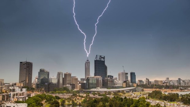 A spectacular lightning strike on Perth city.