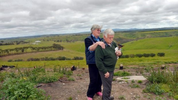 Fran and Reg Cleland at the site of their house, which was razed in the Mickleham-Kilmore fire.