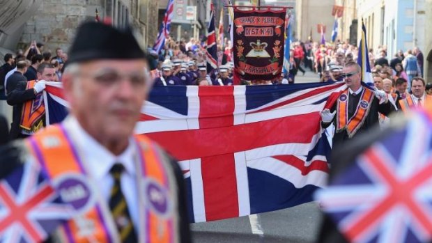Unionist Orangemen and women march through Edinburgh to oppose Scottish independence.
