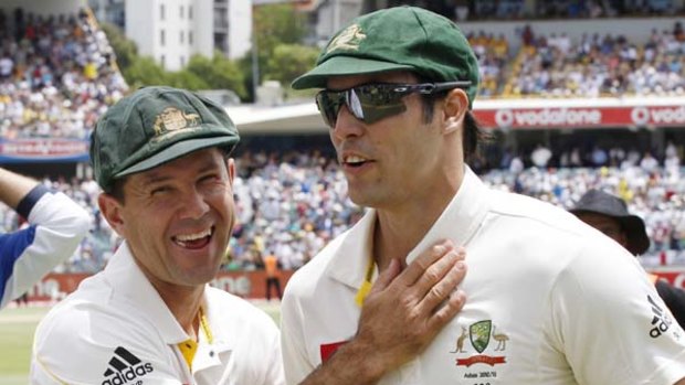 You're the man ... an ecstatic Ricky Ponting with man of the match Mitchell Johnson at the WACA yesterday.