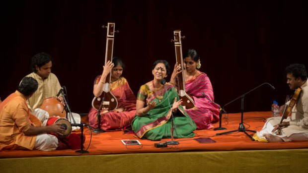 Exceptional: Bombay Jayashri flanked by players of the tambura, mridangam and ghatam (far left), and violin.