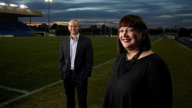 Baton change: Bulldog bosses Todd Greenberg and Raelene Castle at Belmore Sports Ground.