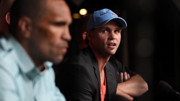 What the . . . Daniel Geale looks quizically at Anthony Mundine on Wednesday.
