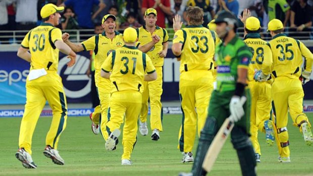 Australian cricketers celebrate after the dismissal of Pakistani batsman Umar Akmal.