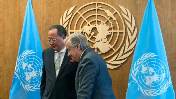 North Korean Foreign Minister Ri Yong-ho, left, with UN Secretary-General Antonio Guterres after a photo call in New York.