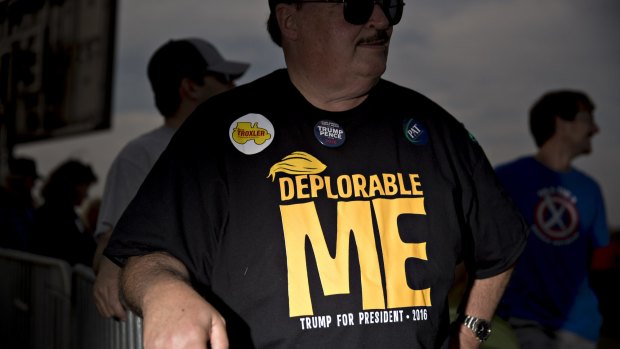 An attendee wears a T-shirt reading "Deplorable Me" ahead of a campaign rally with Donald Trump  in North Carolina.