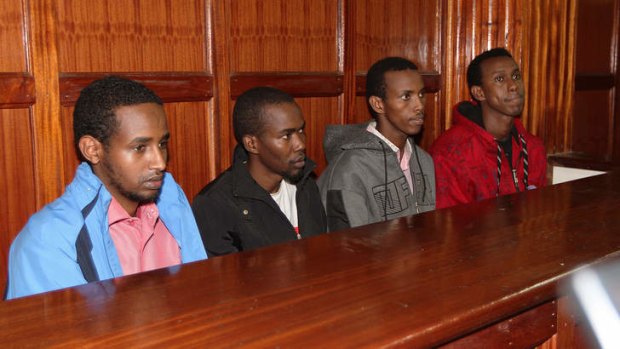 Charged in connection with the Westgate mall massacre: from left, Mohamed Abdi Ahmed, Omar Liban Abdulle, Adan Mohamed Ibrahim and Hussein Hassan Mustafa appear in court in Nairobi on Monday.