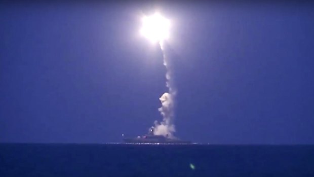 A Russian warship launches a cruise missile in the Caspian Sea in October.