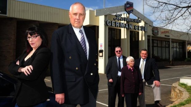 Harmonie German Club management committee members from left, Joy Altmann, Tony Millar, Andrew Geraghty, Annie Bodenschatz and Frederick Mack outside the Harmonie German Club in Narrabundah. Millar resigned during a hostile meeting on Tuesday night.