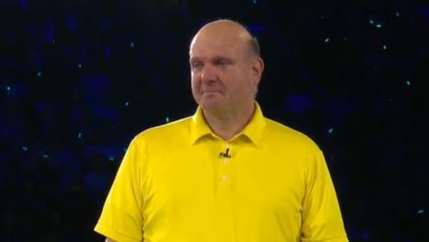 Yellow shirt, red eyes: Microsoft CEO Steve Ballmer at the company's annual employee meeting in Seattle.