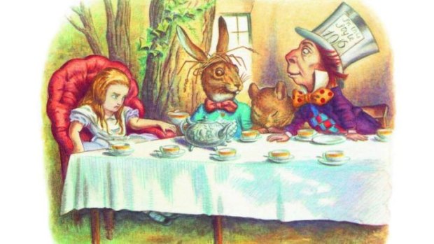 Alice looks a little grumpy at the Mad Hatter's Tea Party  in  <i>The Complete Alice</i>. Illustrations coloured by Diz Wallis,  Macmillan Publishers Limited, 1995.
