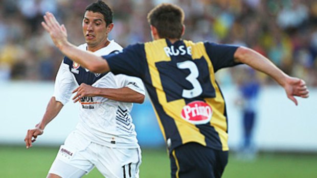 Marvin Angulo charges out of defence for Melbourne Victory.