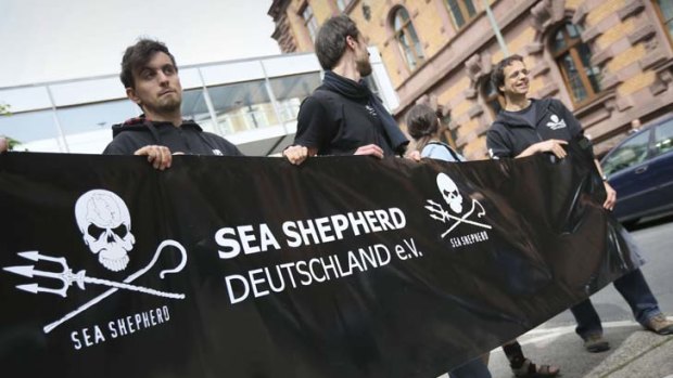 German  Sea Shepherd  supporters protest in front of the provincial court in Frankfurt Main, western Germany.