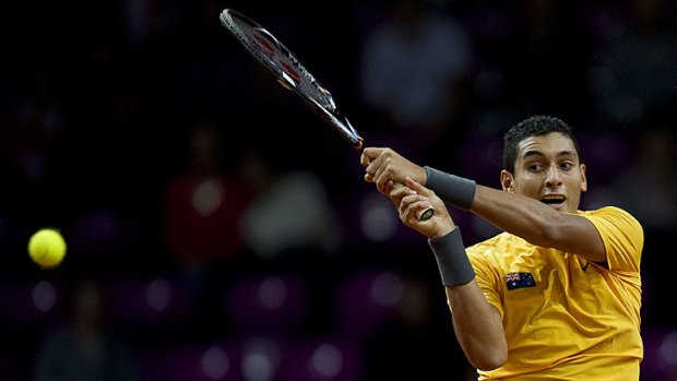 Nick Kyrgios from Australia in action during men's doubles during the Davis Cup match between Poland and Australia.