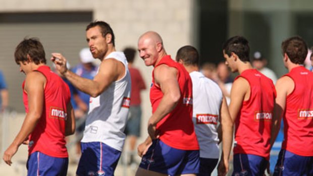 Western Bulldog recruit Barry Hall kicked two goals in an intra-club game yesterday.