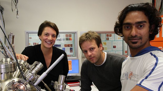 Professor Michelle Simmons with Dr Martin Fuechsle and Dr Suddhasatta Mahapatra of the University of NSW.