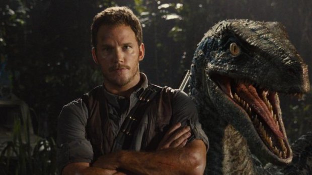 Chris Pratt and friend in <i>Jurassic World</i>.
