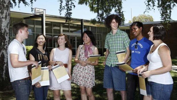 Narrabundah College Year 12 students (from left) Max Milosevic, Louise Wei, Marissa Lightfoot, Vivian Chan, Benedikt Matthews, Leon Rebello and Jane Weber having a chat outside the school after receiving their results for the International Baccalaureate.