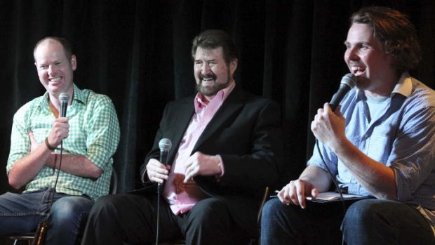Tom Gleeson, Derryn Hinch and presenter Steele Saunders at a recording of the <i>I Love Green Guide Letters</i> podcast.