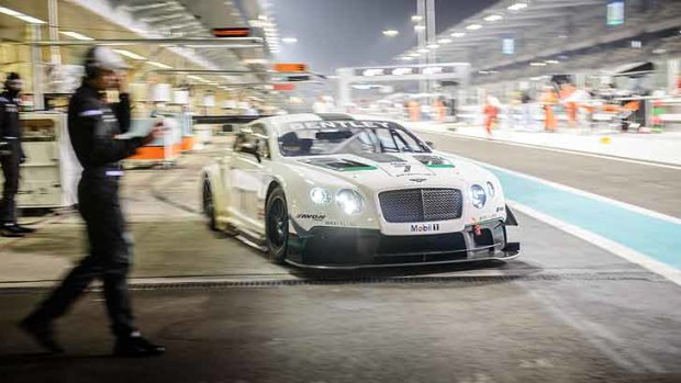The Bentley Continental GT3 departs a scheduled pitstop in Abu Dhabi.