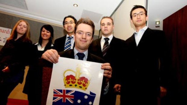 Monarchists...from left, Geraldine Lowe, Michelle Martinkovits, Tom Kwok, Thomas Flynn, Jal Martinkovits and Chomg MaBen.