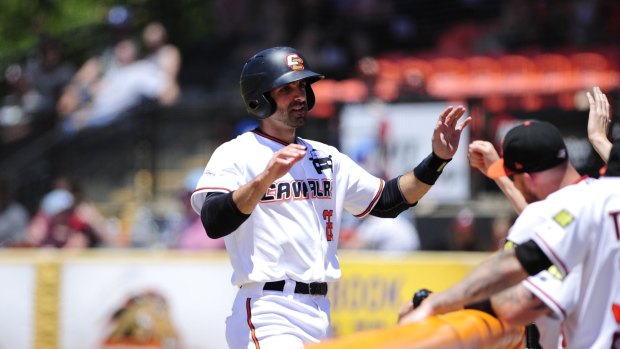 Canberra Cavalry player Jason Leblebijian celebrates with teammates after scoring a run in Sunday's 12-7 win against Adelaide.