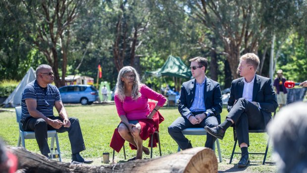 National Capital Authority boss Andrew Smith meets with elders at the Aboriginal Tent Embassy. 