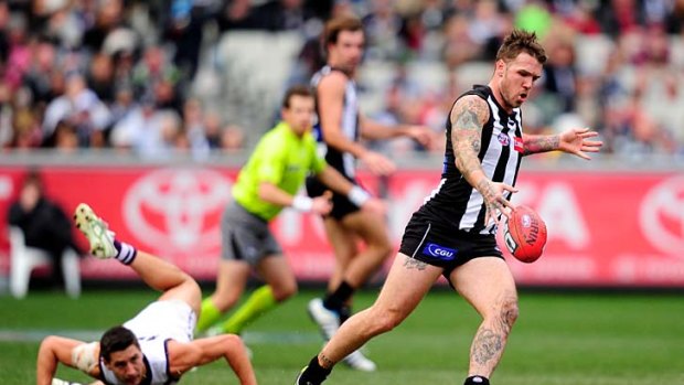 Steady now: Dane Swan leaves Fremantle's Nick Lower tumbling in his wake. Swan's relentless work ensured the Magpies would never lose the initiative.