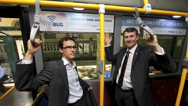 Editor of brisbanetimes.com.au Conal Hanna with Lord Mayor Graham Quirk on the wi-fi bus.