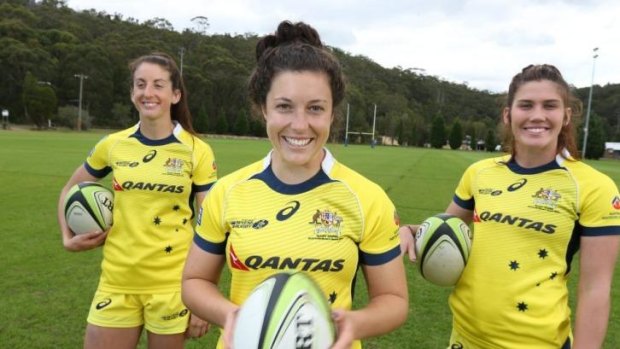 Australian women's sevens players Alicia Quirk, Emilee Cherry and Charlotte Caslick, who are  just two points behind World Series leaders New Zealand. 