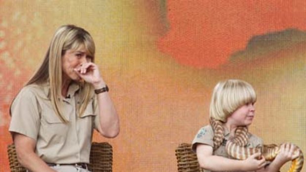 Terri Irwin and her son Robert on stage with Oprah (not pictured).