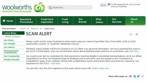 Woolworths' website carries a warning about a "phishing" scam.