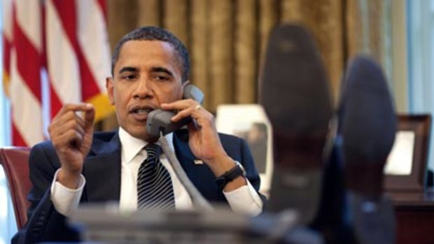 A conciliatory chat ... Barack Obama talks to the Israeli Prime Minister, Benjamin Netanyahu, on Monday. The photo was made public by the White House.