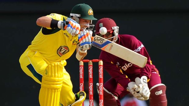 Mike Hussey in action uring the T20 match between West Indies and Australia at the Beausejour Cricket Ground.