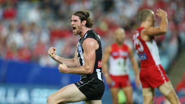 Collingwood's Tyson Goldsack celebrates a goal in the win over Sydney at ANZ Stadium.
