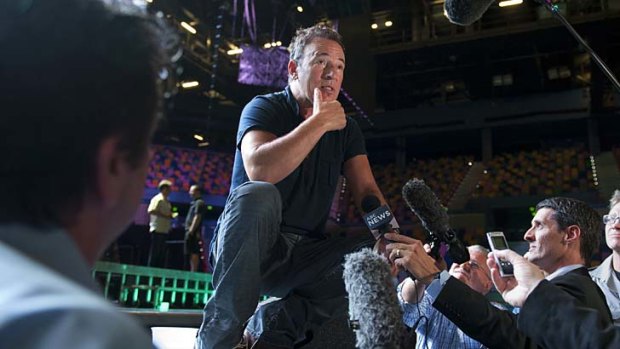 Bruce Springsteen speaks to media after a sound check at the Brisbane Entertainment Centre.