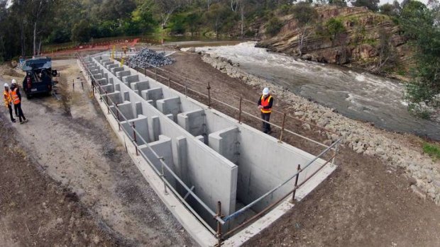 The new fishway under construction at Dights Falls, Abbotsford.