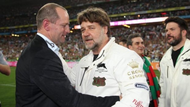 Giving credit: Russell Crowe congratulates Michael Maguire.