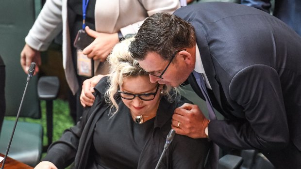 Prenier Daniel Andrews congratulates Health Minister Jill Hennessy on the passing of the euthanasia bill in the lower house.