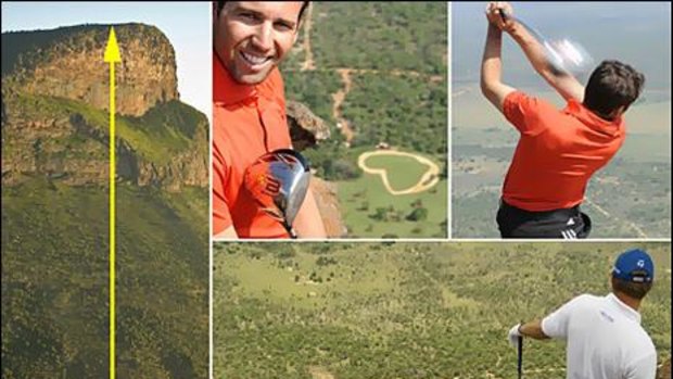 The Extreme 19th hole on Hanglip Mountain at the Legend Golf and Safari Resort in South Africa. Insets: Leading golfers Sergio Garcia, in the red shirt, on the tee and below, Retief Goosen lines up his shot.