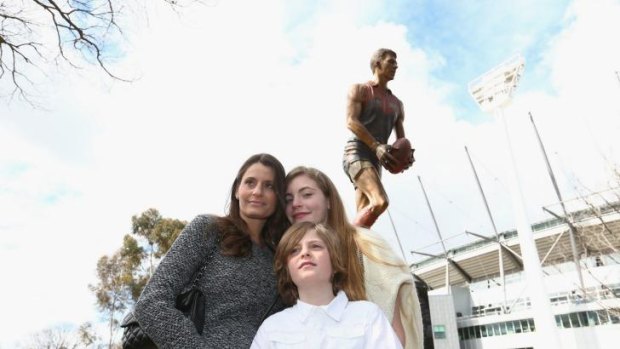 Samantha Stynes and children Matisse and Tiernan at the unveiling of the Jim Stynes statue.