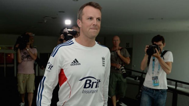 Letting loose: Graeme Swann arrives at a press conference to announce his retirement. He has since sparked controversy with an apparent criticism of teammates.