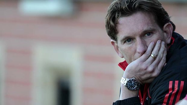 Pondering change... James Hird at Windy Hill yesterday.