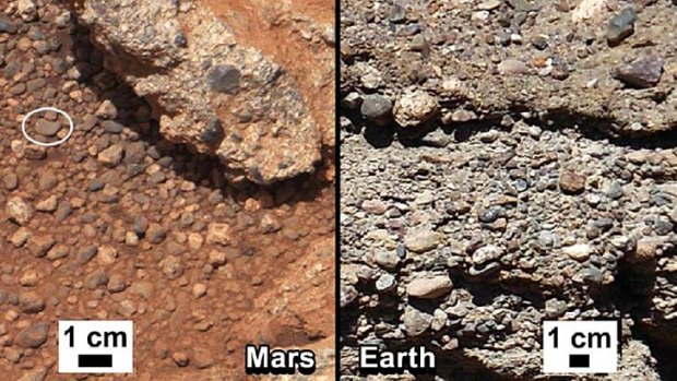 A Martian rock outcrop near the landing site of the rover Curiosity thought to be the site of an ancient streambed, next to similar rocks shown on Earth.