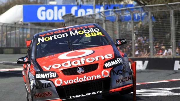 The Triple Eight Race Engineering Holden Commodore of Craig Lowndes and Andy Priaulx of Great Britain in Friday's action on the Gold Coast.