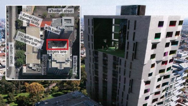 Images from the planning application for the development at 17-23 Wills Street. They show an artist's impression of the proposed tower (right) next to the current high-rise tower at 25 Wills Street. Inset: A view from above of the development site.