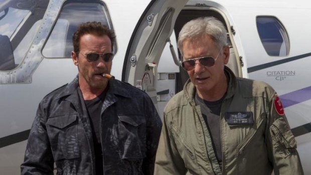 He said he'd be back: Arnold Schwarzenegger, left,  and Harrison Ford in <i>The Expendables 3</i>.
