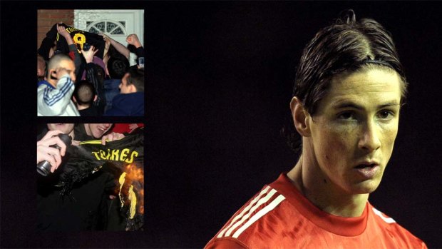 Blue move … Liverpool's Fernando Torres, who has shifted to Chelsea for a record $80m. Insets: Liverpool fans burn his No.9 jersey at the club's Melwood training ground.